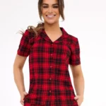 moteriška medvilninė pižama trumpomis rankovėmis „summer plaid“